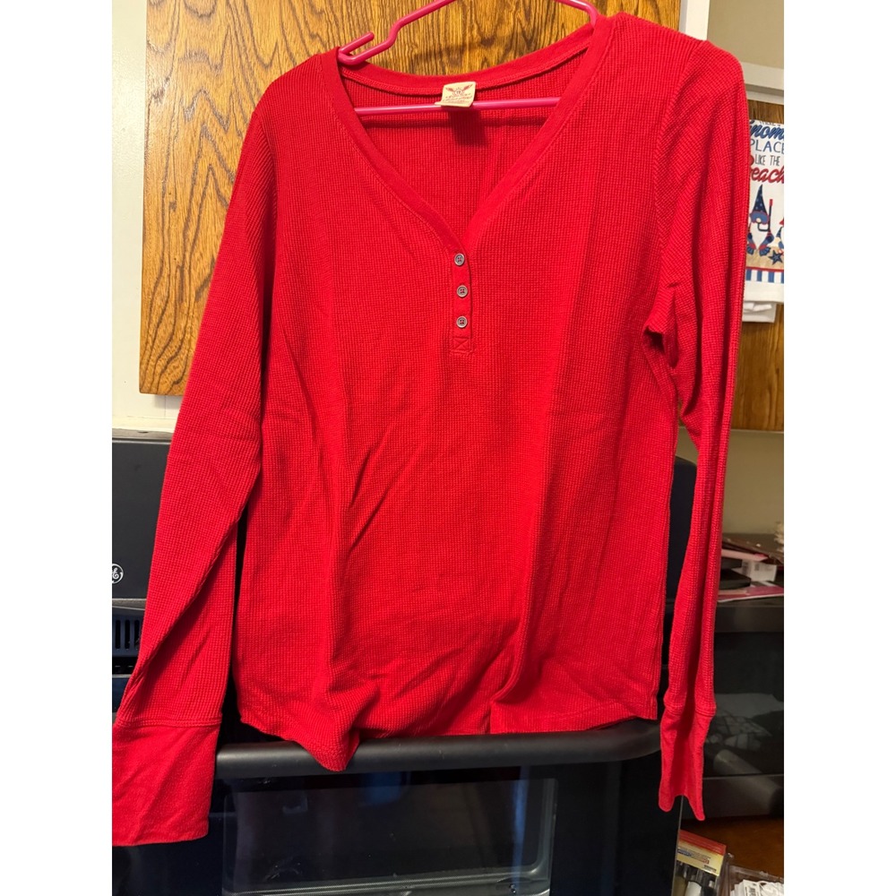 Faded Glory Womens Red Waffle Knit‎ Henley Shirt Long Sleeve V-Neck Top XL 16-18
